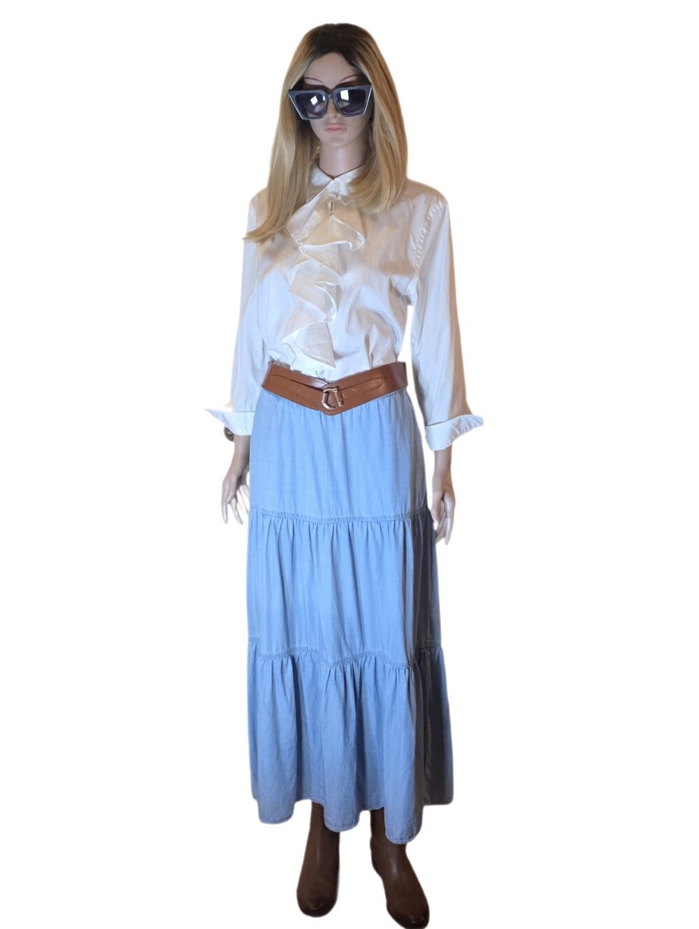 Sigrid Olsen Light Blue Tencel Chambray Tiered Maxi Skirt EUC Medium